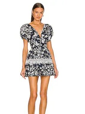 WAIMARI Palomas Guipure Lace Trimmed Embroidered Navy Print Mini Dress